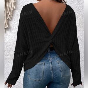 SHEIN Curve‎ Women’s Black LUNE Plus Twist Back Drop Shoulder LS Tee 1XL NWT